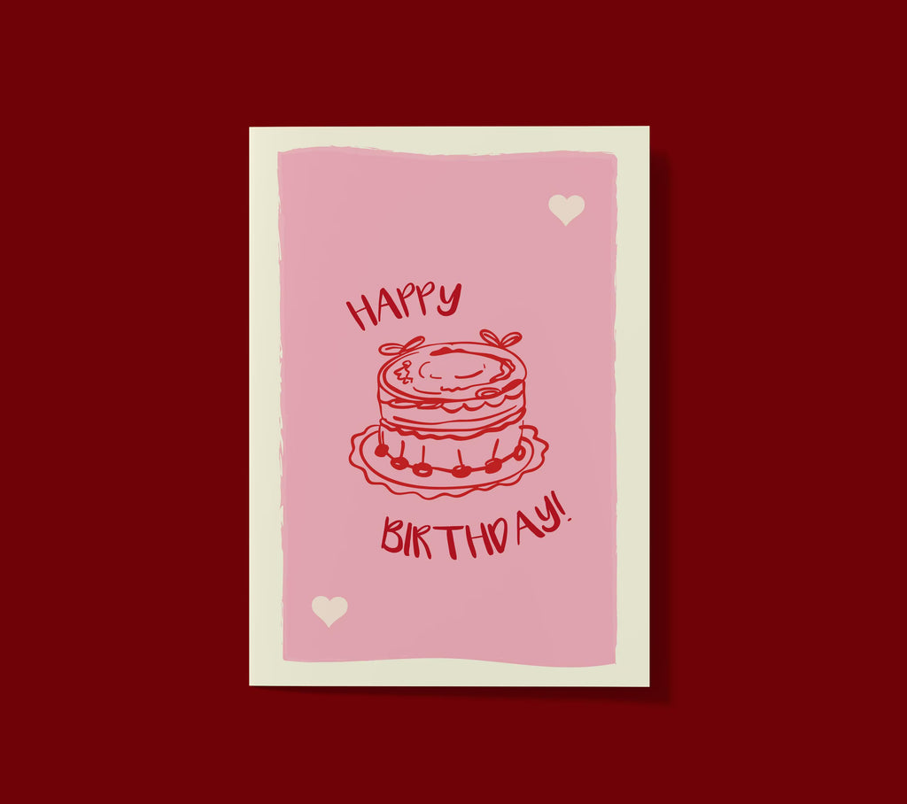 Hand-Drawn Birthday Card: Pink Cake, Vintage Style