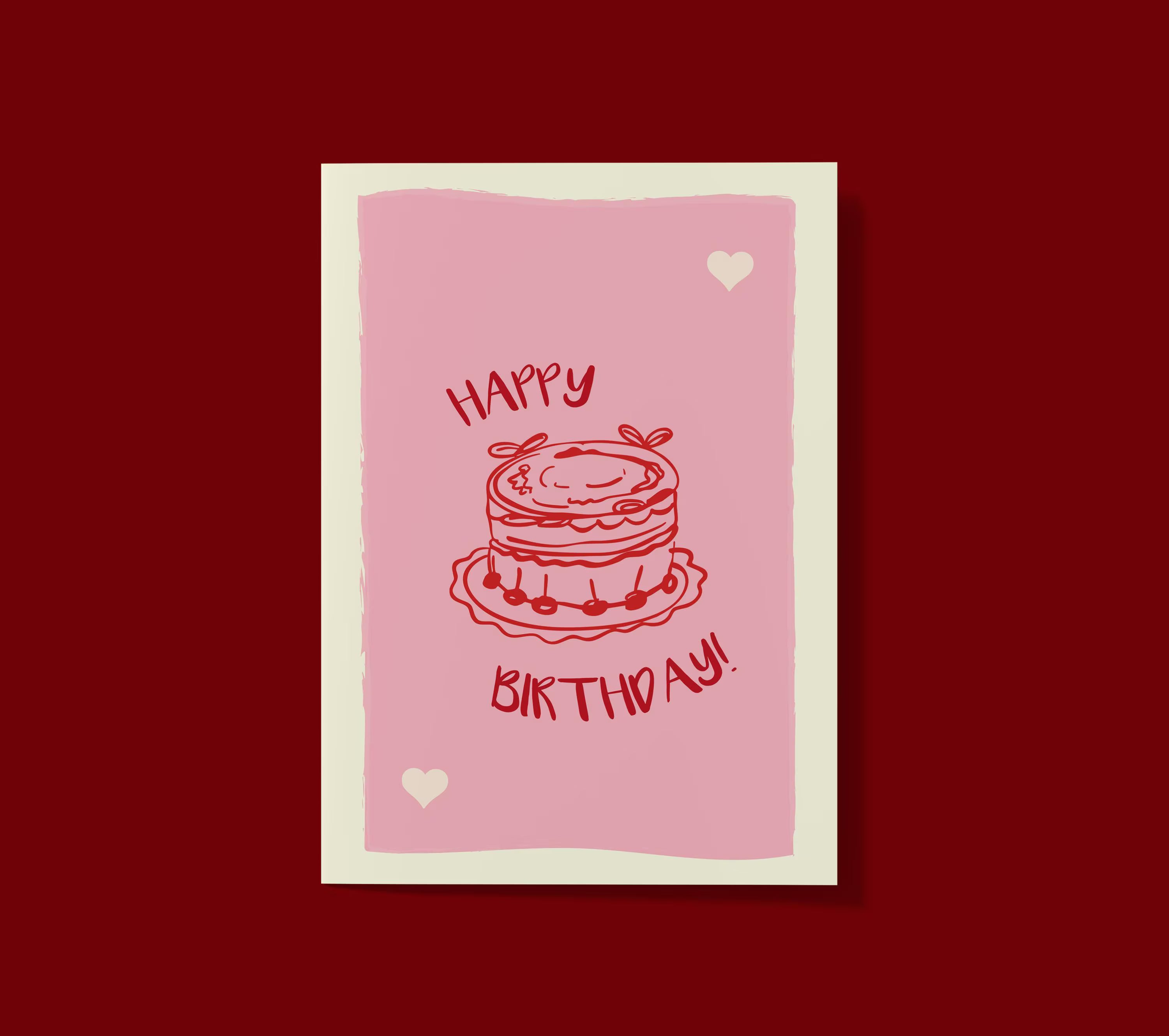 Hand-Drawn Birthday Card: Pink Cake, Vintage Style