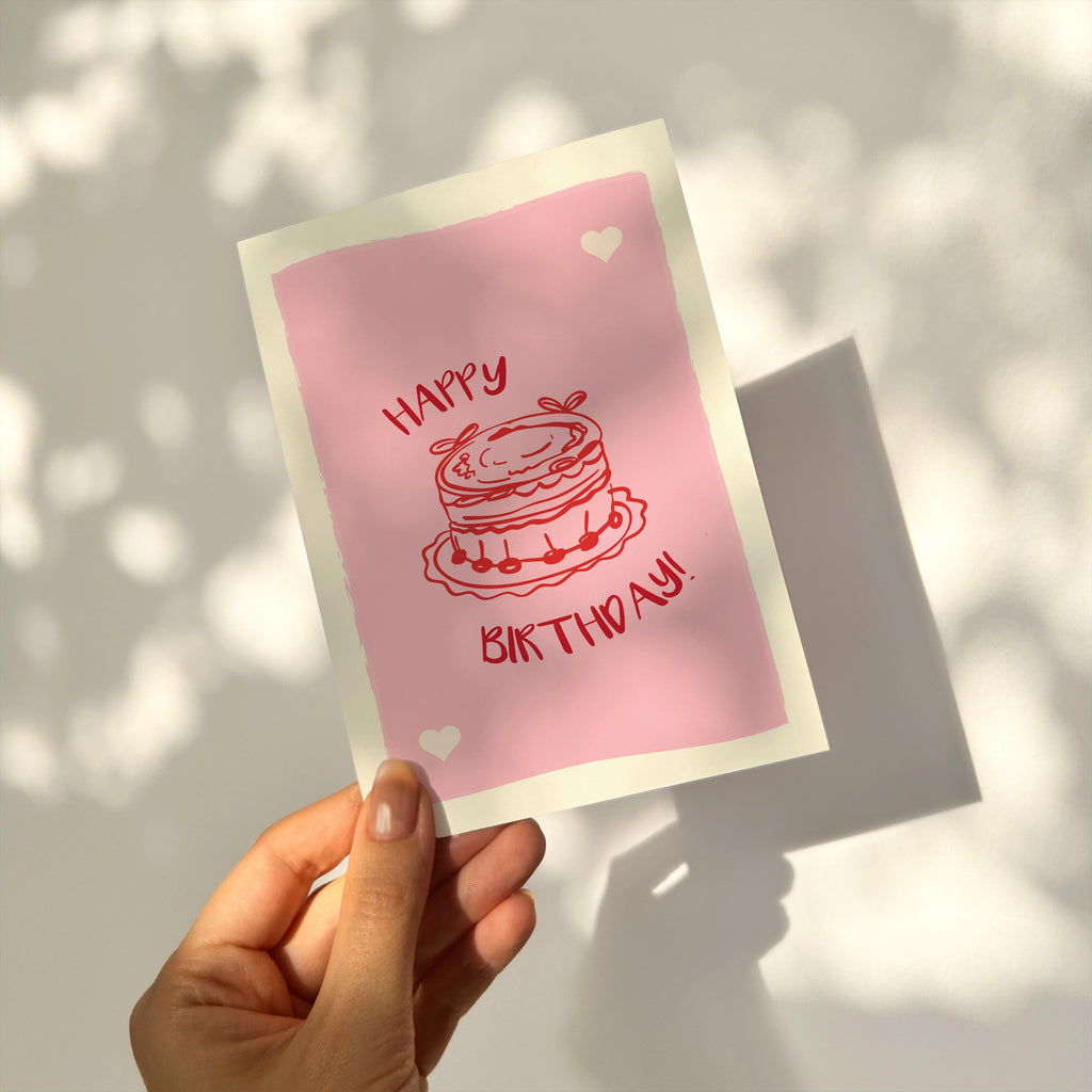 Hand-Drawn Birthday Card: Pink Cake, Vintage Style