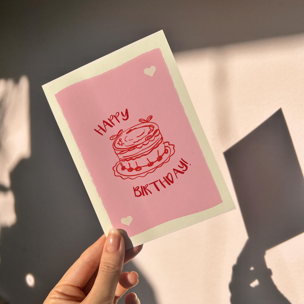 Hand-Drawn Birthday Card: Pink Cake, Vintage Style