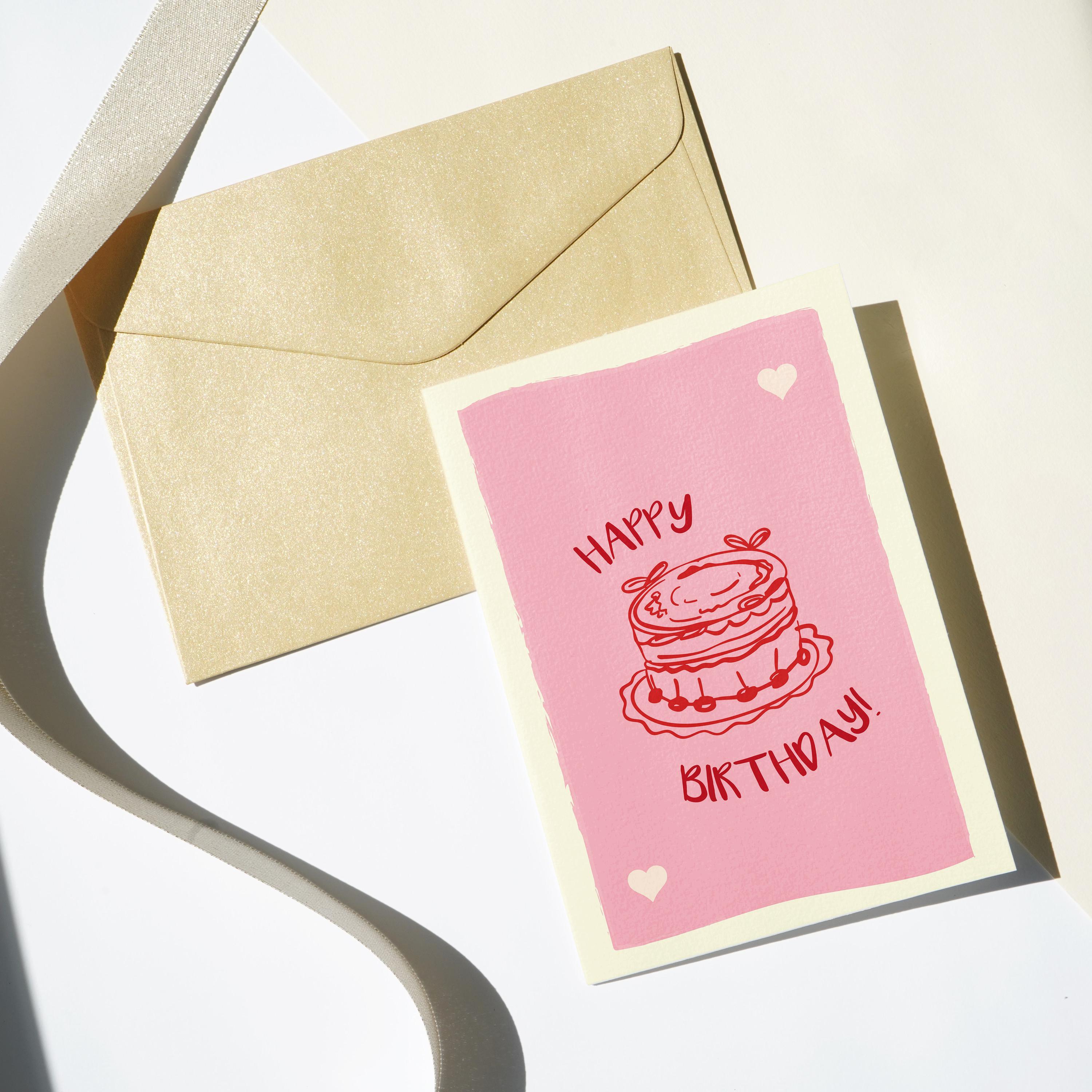 Hand-Drawn Birthday Card: Pink Cake, Vintage Style