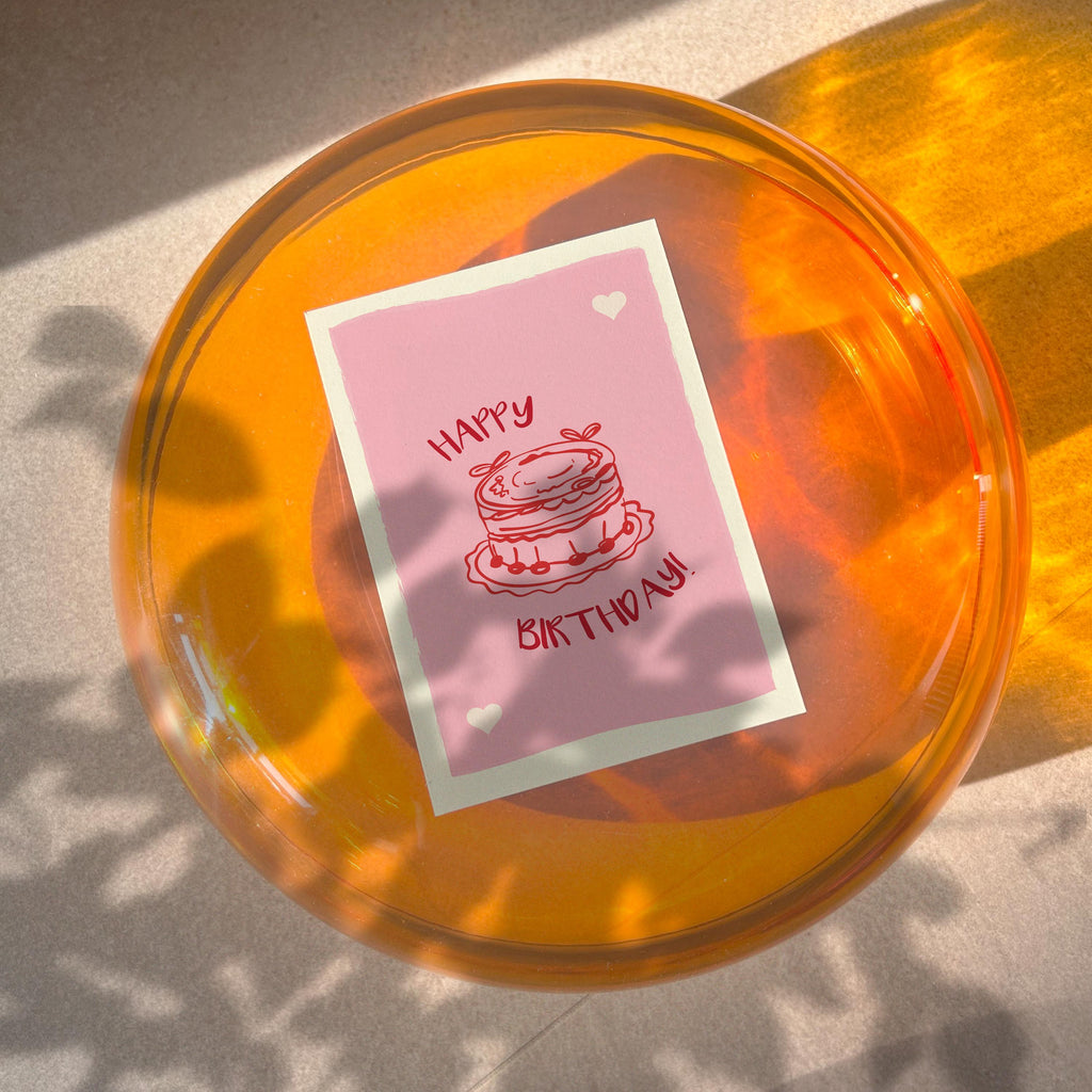 Hand-Drawn Birthday Card: Pink Cake, Vintage Style