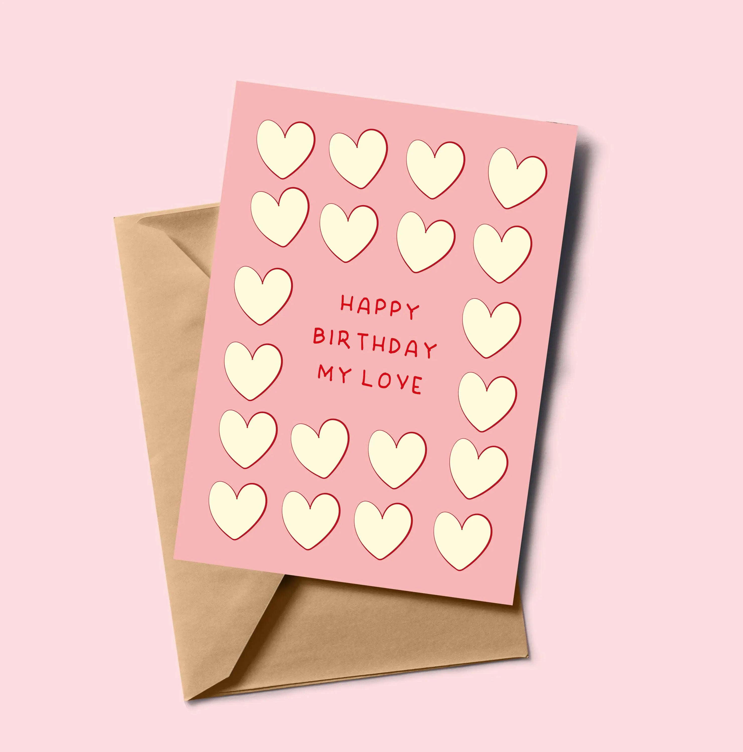 Pink & Red Hearts Birthday Card: 'Happy Birthday My Love'