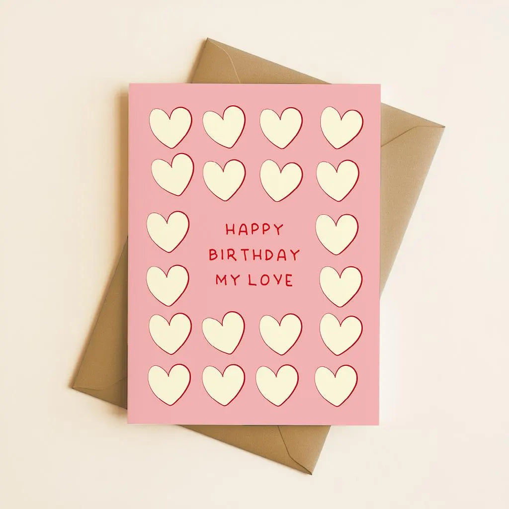 Pink & Red Hearts Birthday Card: 'Happy Birthday My Love'