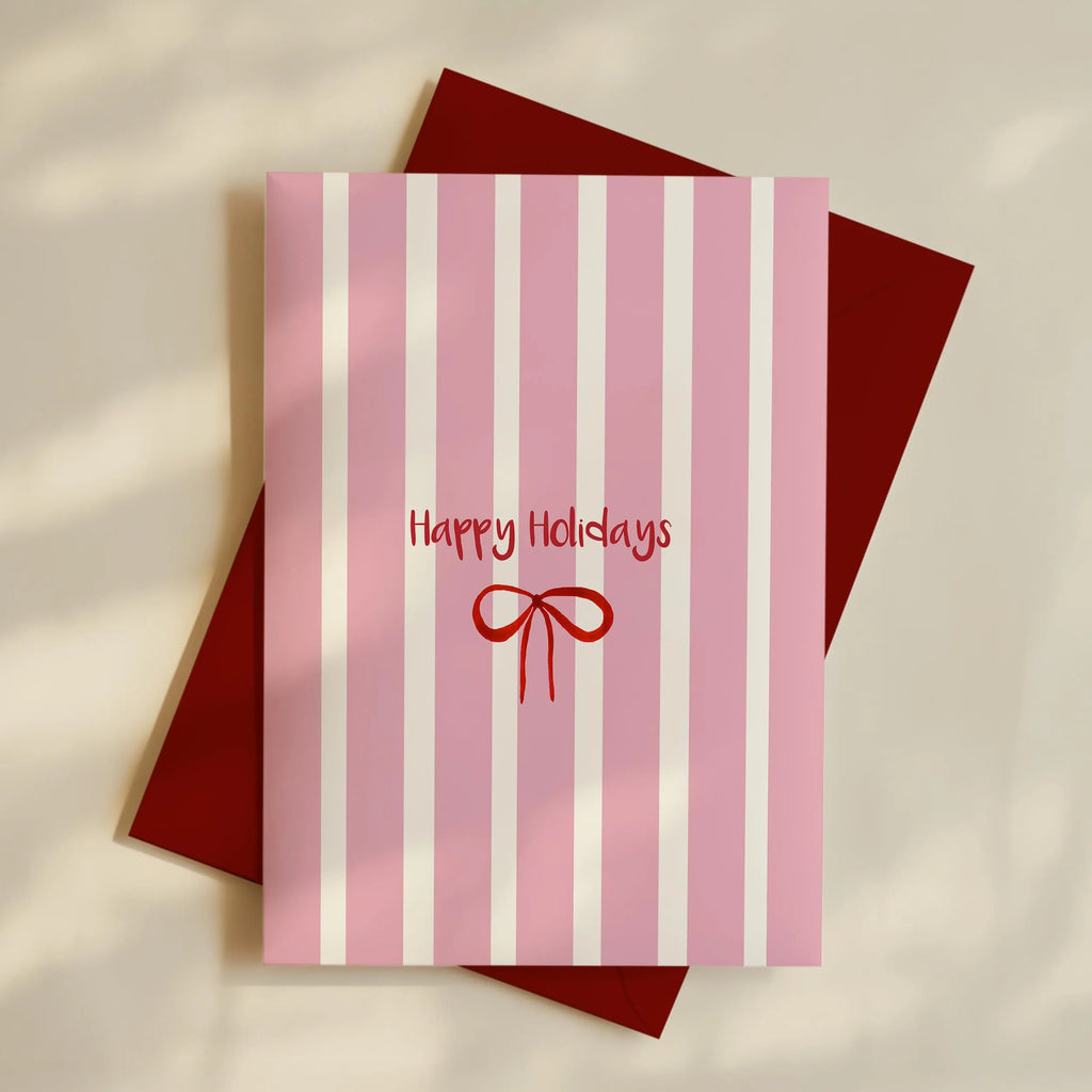 Hand-Drawn Christmas Card - Pink Stripes, Red Bow