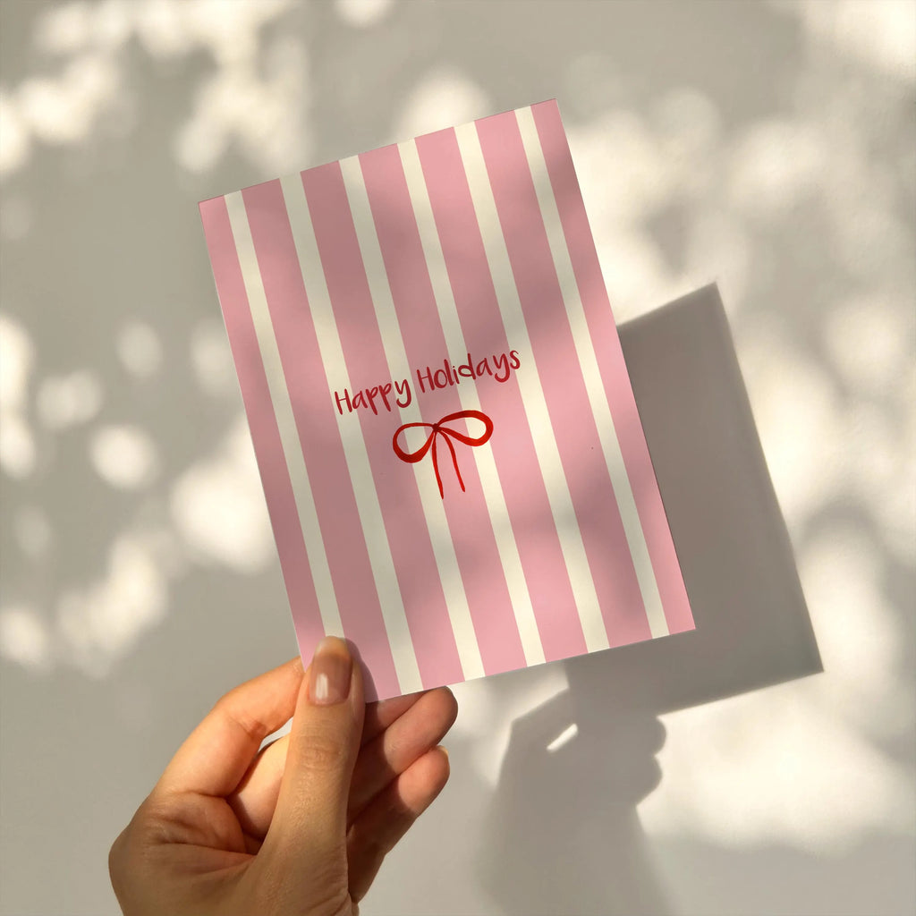 Hand-Drawn Christmas Card - Pink Stripes, Red Bow