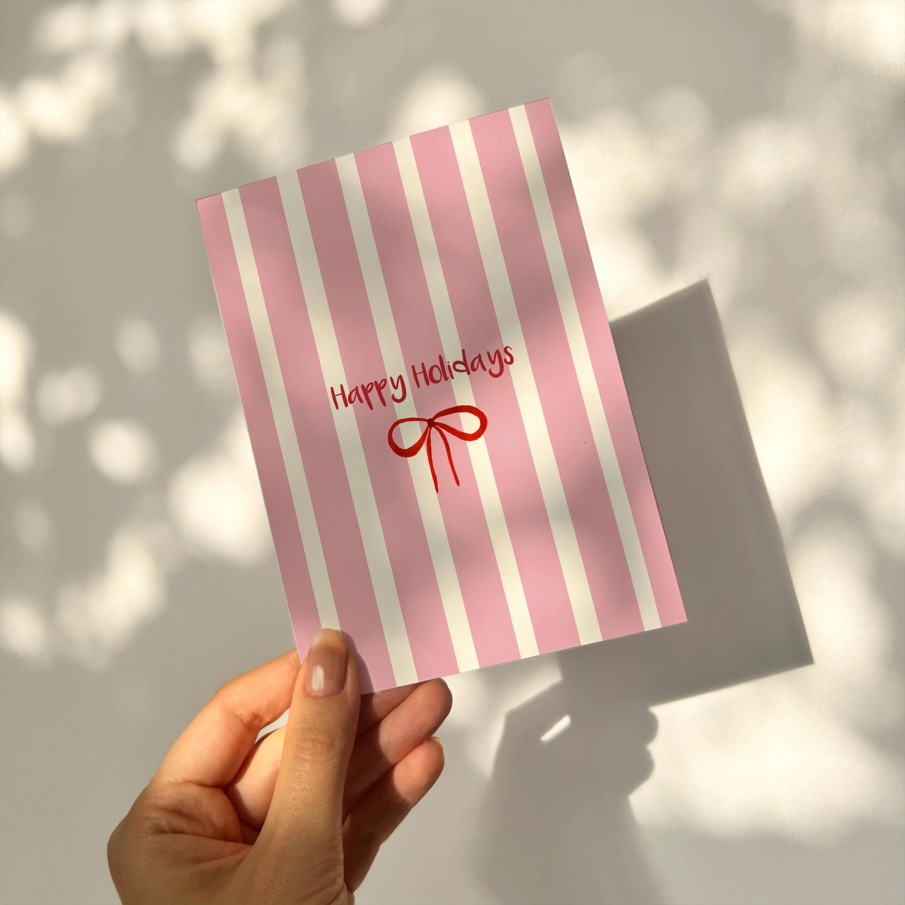 Hand-Drawn Christmas Card - Pink Stripes, Red Bow