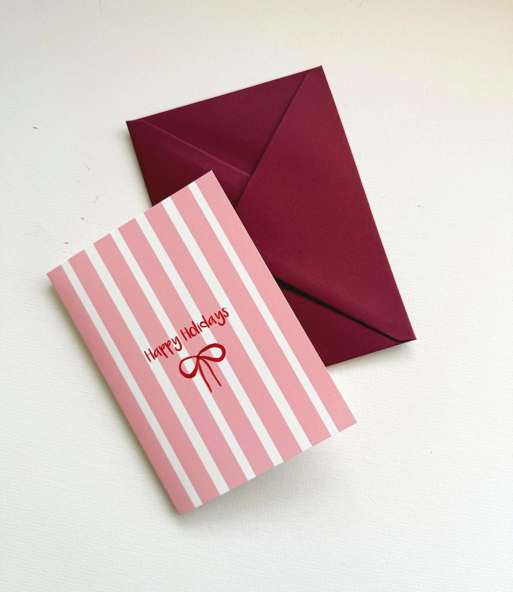 Hand-Drawn Christmas Card - Pink Stripes, Red Bow