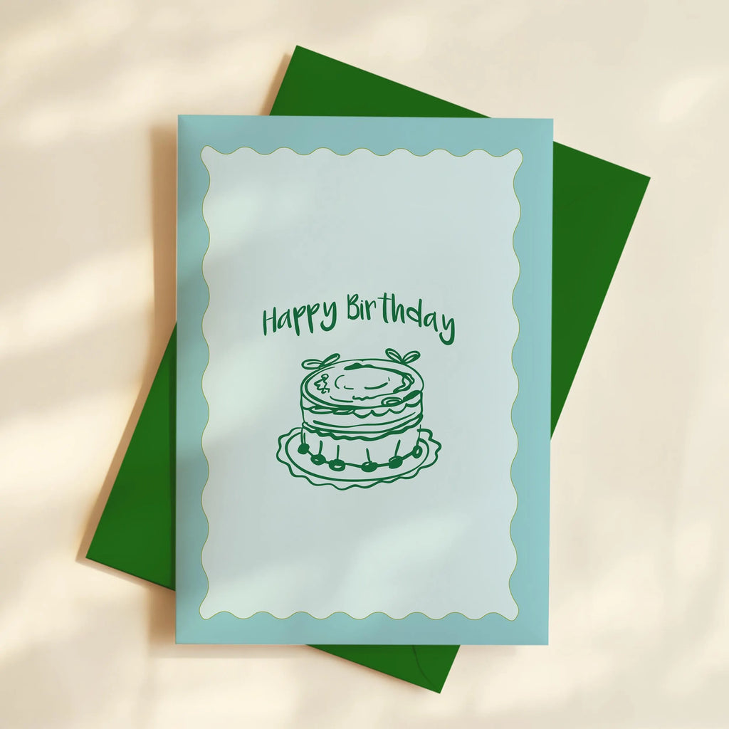 Hand-Drawn Birthday Card: Blue & Green Cake, Vintage Style