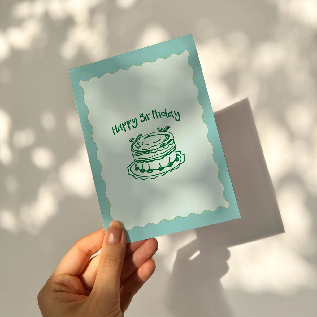 Hand-Drawn Birthday Card: Blue & Green Cake, Vintage Style