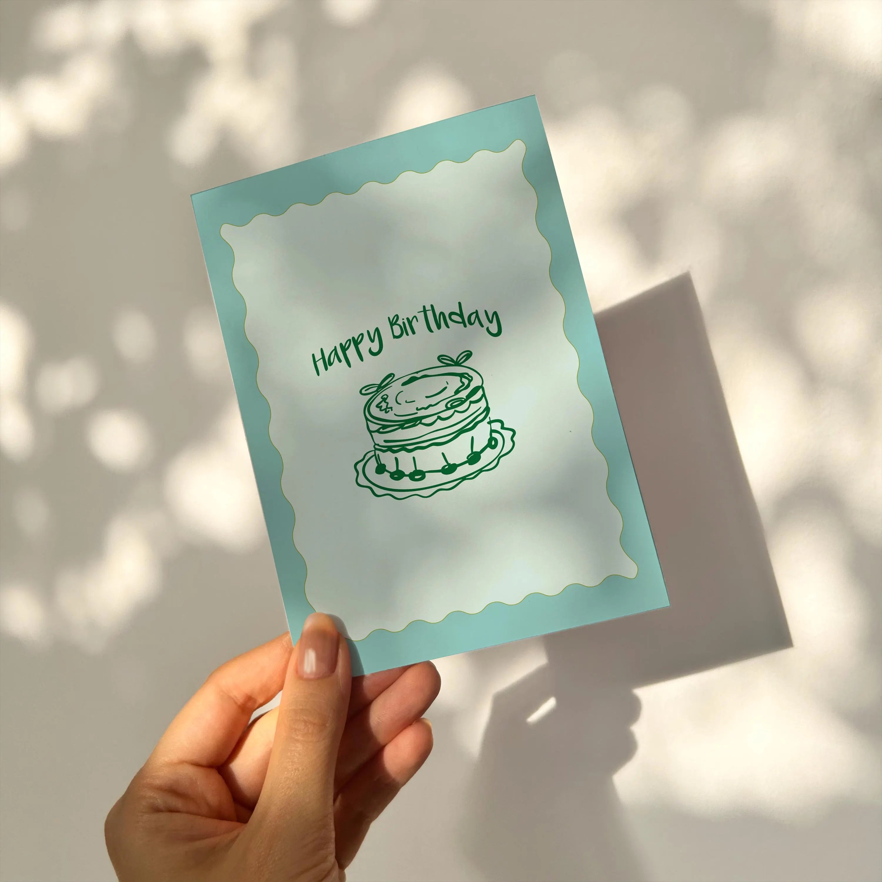 Hand-Drawn Birthday Card: Blue & Green Cake, Vintage Style
