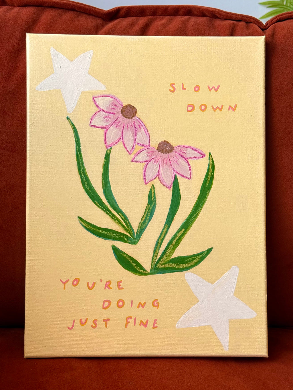 Close-up of hand-lettered text — You're Doing Just Fine